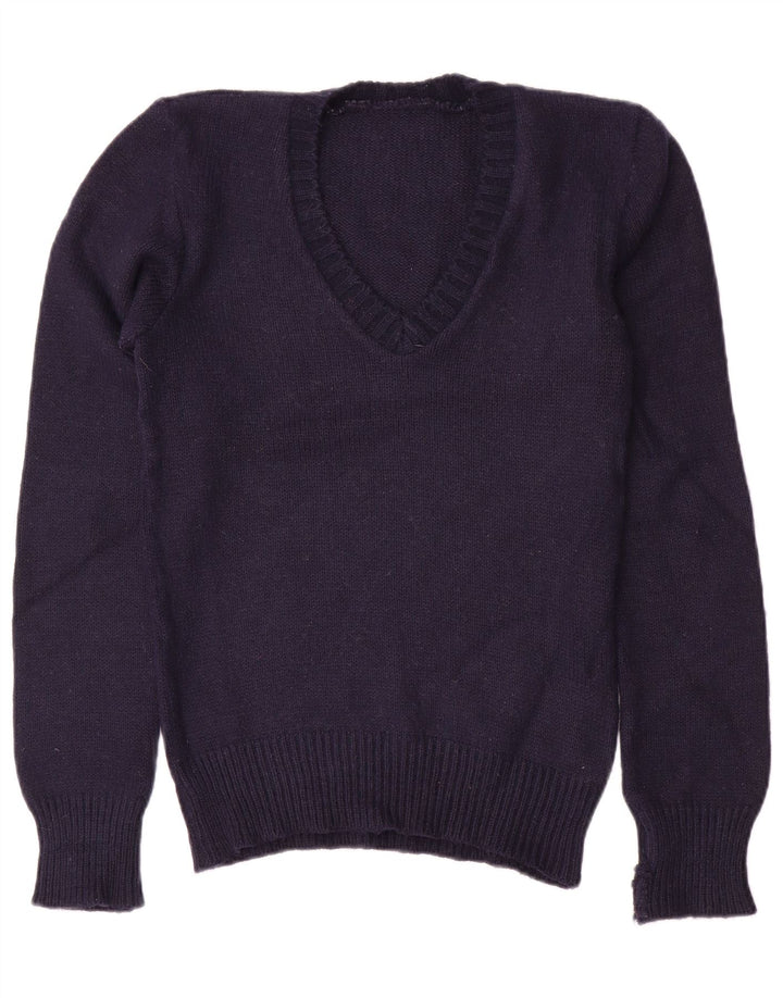 Suéter feminino VINTAGE com decote em V Reino Unido 10 pequeno azul marinho