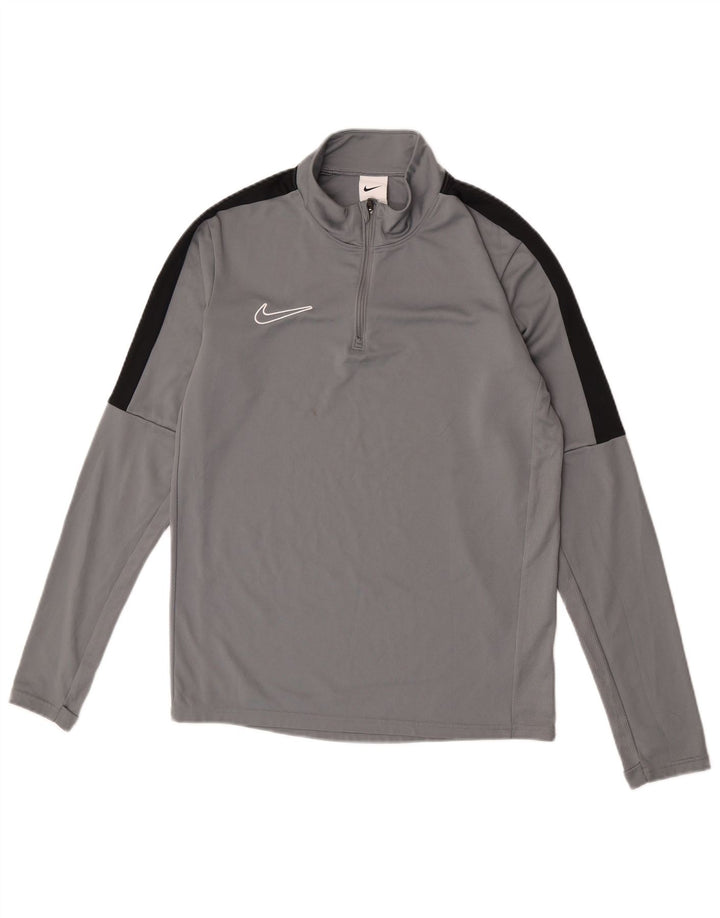 Top masculino Nike Dri Fit com zíper e manga comprida em bloco colorido cinza pequeno poliéster