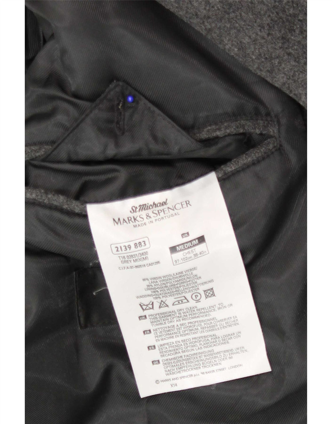 Casaco masculino Marks & Spencer com peito duplo Reino Unido 38 lã virgem cinza médio