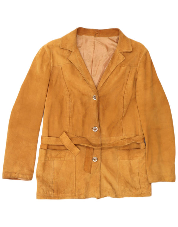 Jaqueta blazer feminina vintage de camurça com 3 botões Reino Unido 14 couro marrom médio