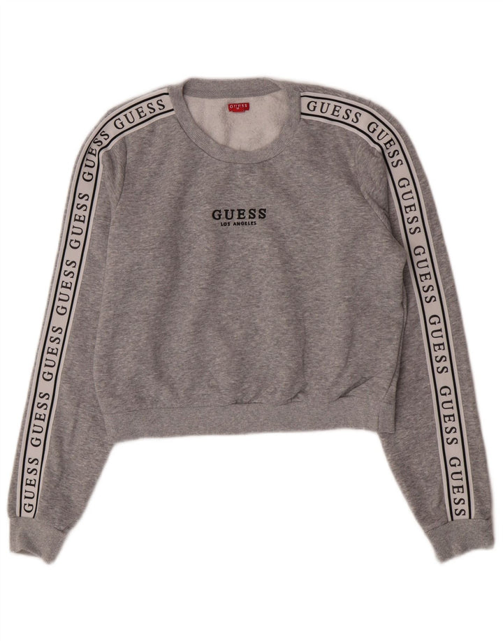Suéter de moletom feminino Guess Crop Graphic UK 14 bloco colorido cinza médio