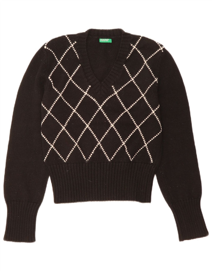 Suéter feminino Benetton com decote em V Reino Unido 12 médio preto argyle/diamante