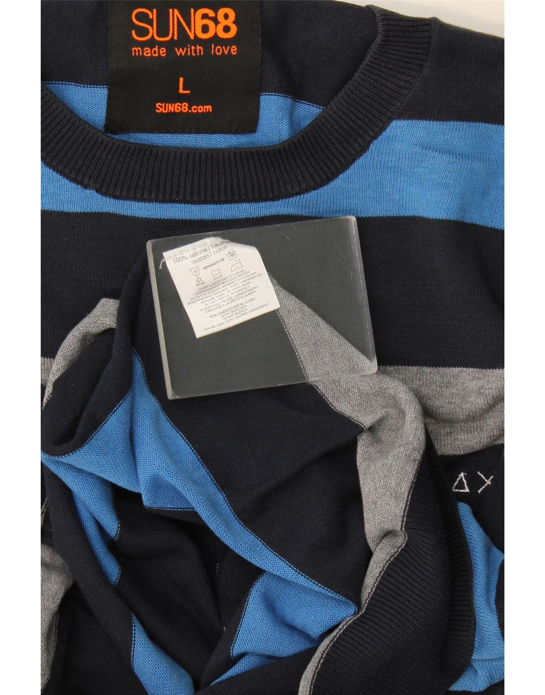 Suéter masculino Sun68 com gola redonda, grande algodão listrado azul