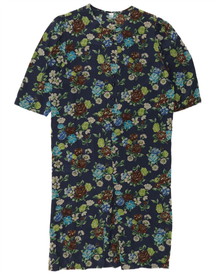 Vestido feminino vintage UK 12 seda floral azul marinho médio