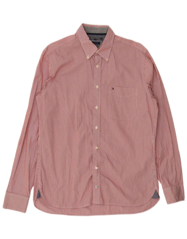 Camisa masculina Tommy Hilfiger Custom Fit de algodão listrado vermelho médio