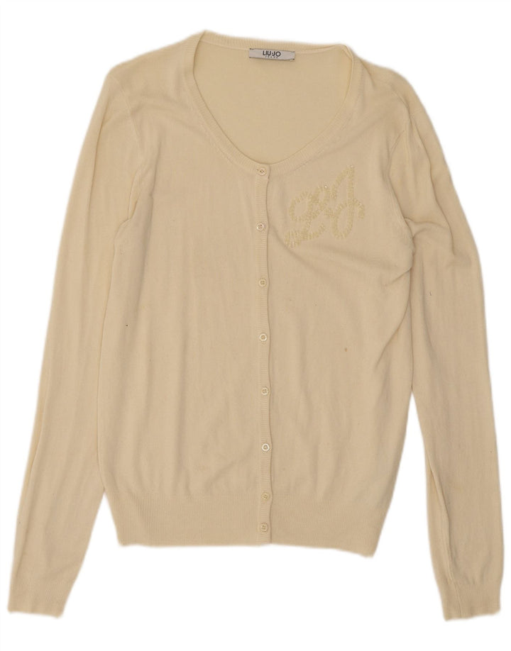 Suéter cardigã feminino grande Liu Jo UK 10 pequeno off white viscose
