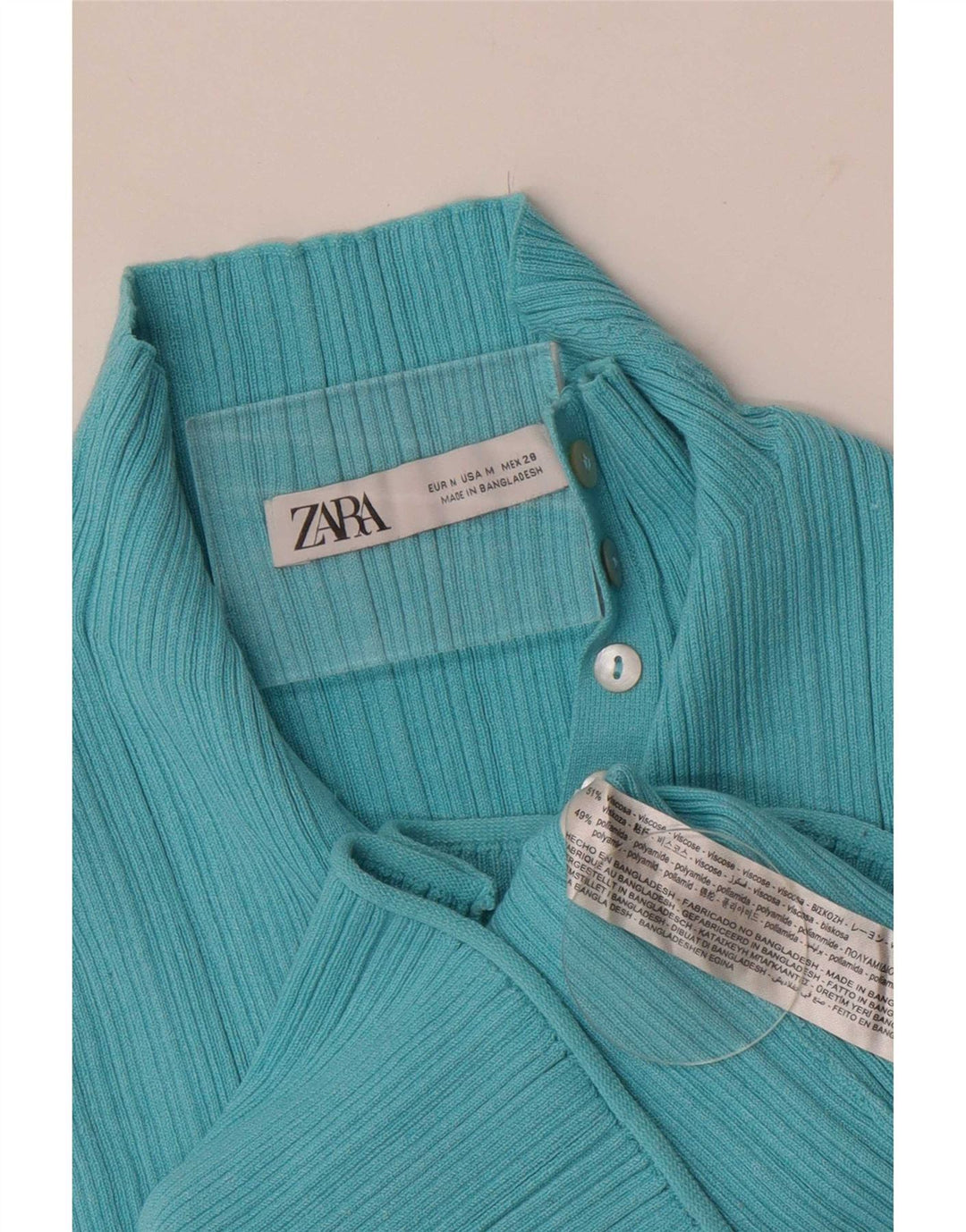 Colete feminino Zara com botão e gola alta Reino Unido 12 viscose azul médio