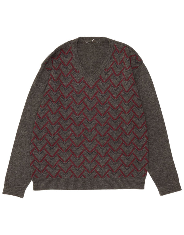 Suéter vintage masculino com decote em V cinza médio Argyle/acrílico diamante