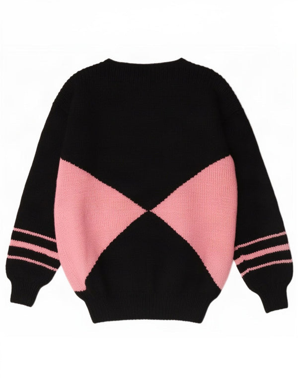 Suéter feminino vintage com gola canoa UK 12 bloco colorido preto médio