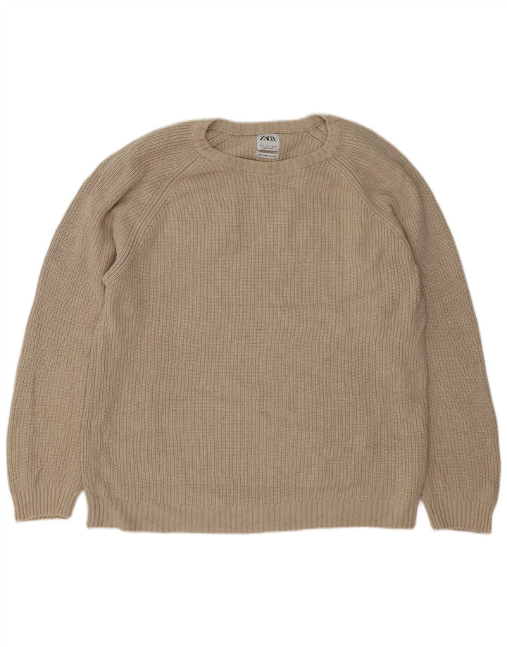 Suéter feminino Zara com gola redonda, grande algodão bege