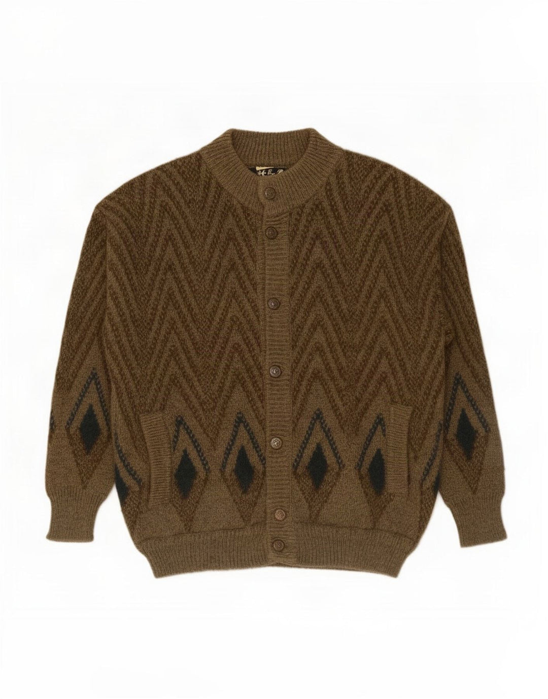 Suéter cardigã masculino vintage de lã geométrica cáqui médio