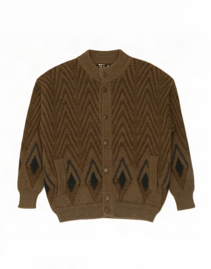 Suéter cardigã masculino vintage de lã geométrica cáqui médio