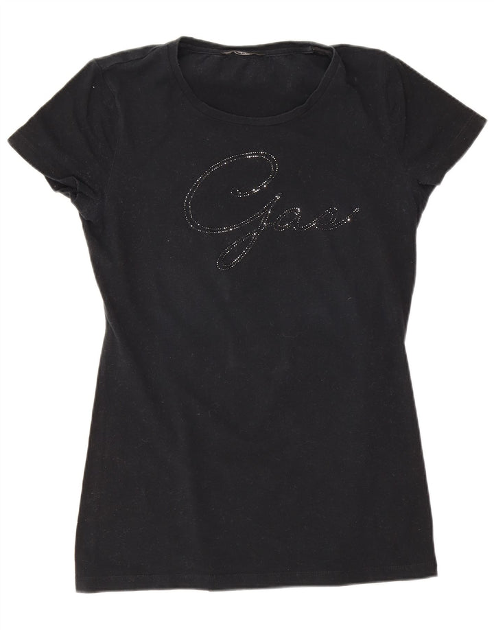 Camiseta feminina gráfica Gas Top UK 8 pequena preta