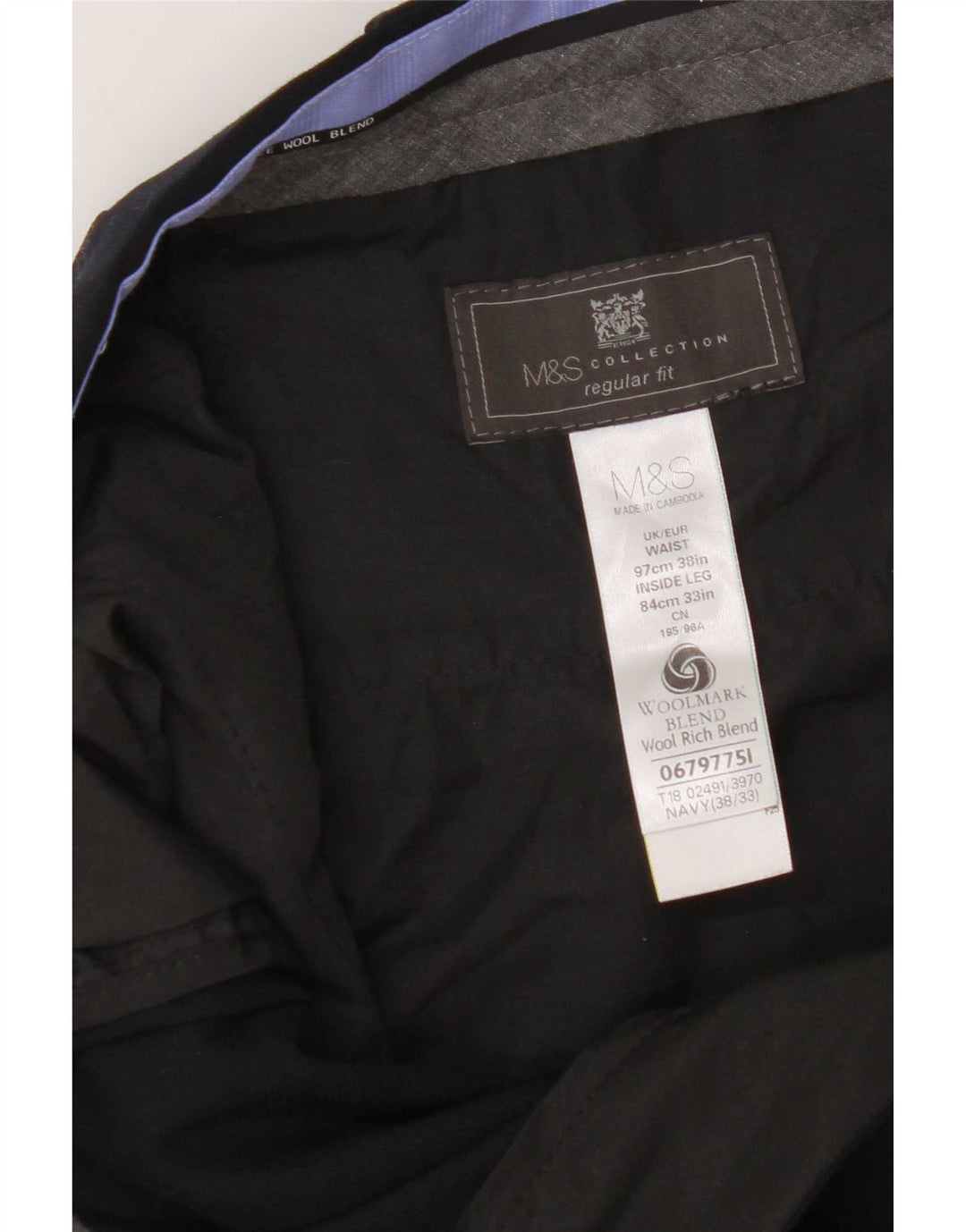 Calça masculina de ajuste regular Marks & Spencer W38 L33 azul marinho poliéster