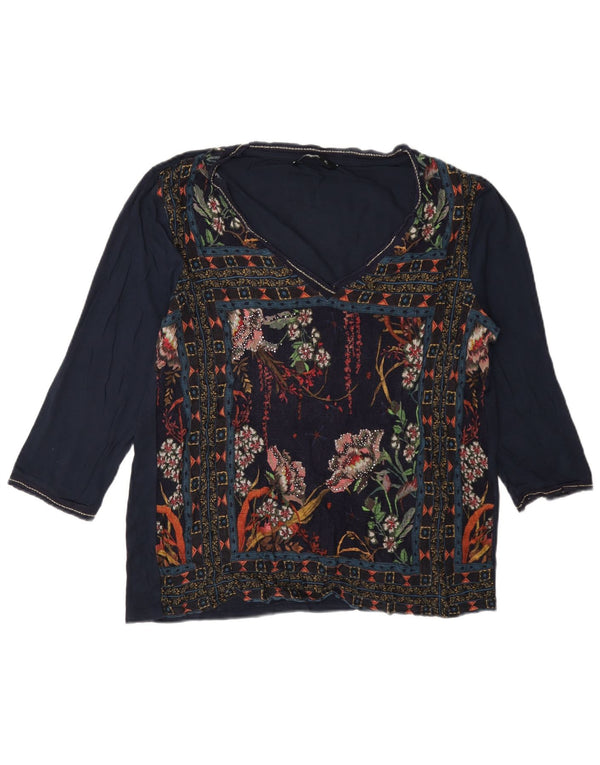 Top gráfico feminino Desigual manga 3/4 UK 18 XL azul marinho floral
