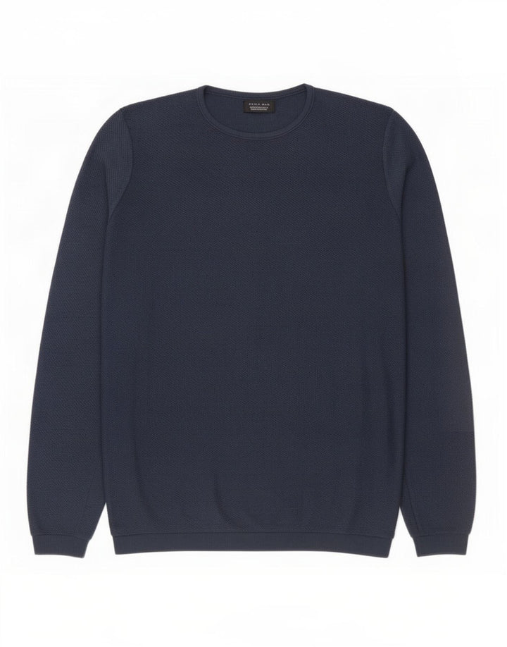 Zara Suéter masculino com gola redonda grande azul marinho