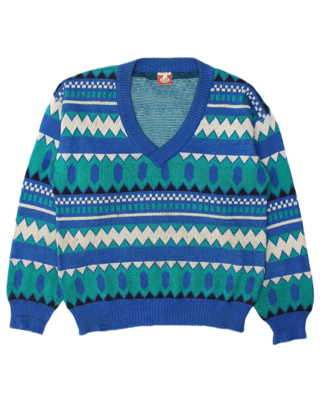 Suéter masculino VINTAGE com decote em V médio azul geométrico