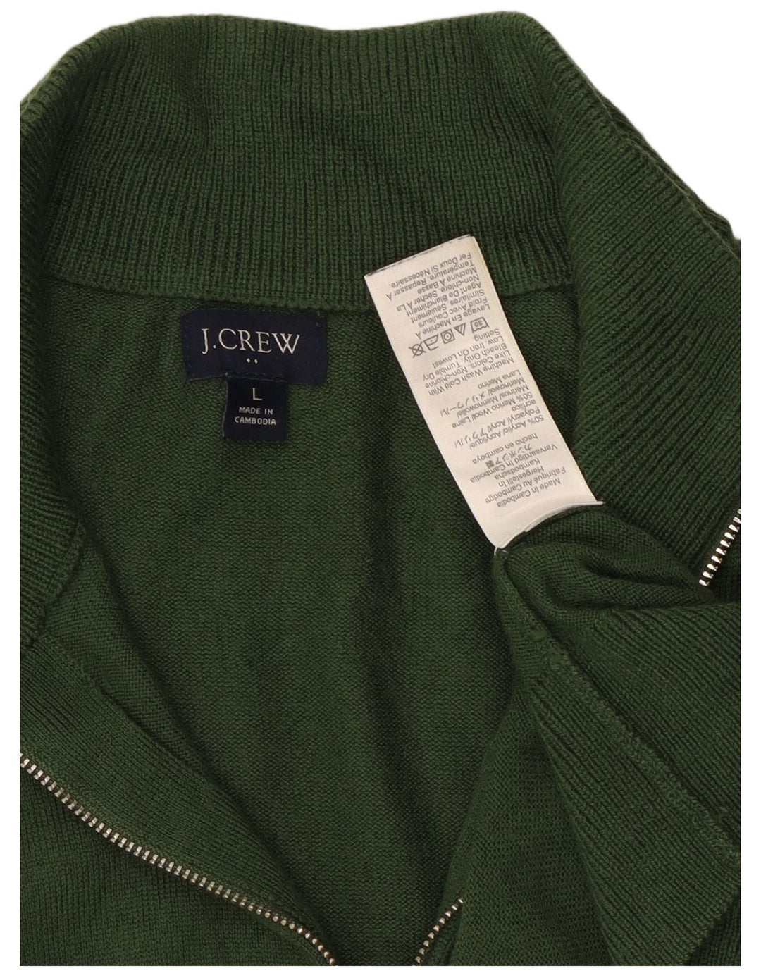 Suéter masculino J. Crew com zíper e gola em acrílico verde grande