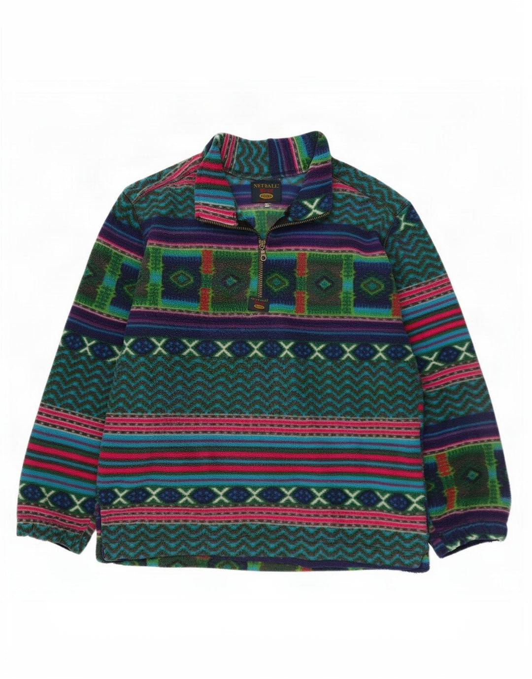 Jumper de lã masculino vintage com zíper e pescoço XL multicolorido geométrico