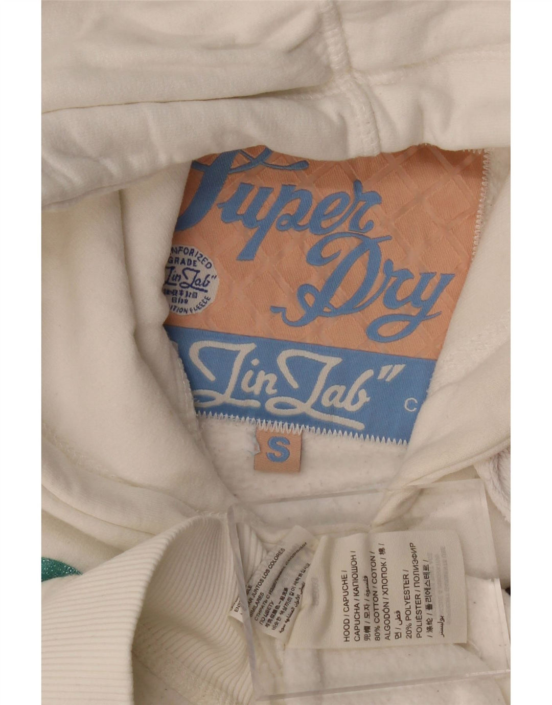 Jumper feminino com capuz gráfico SUPERDRY Reino Unido 10 pequeno algodão branco