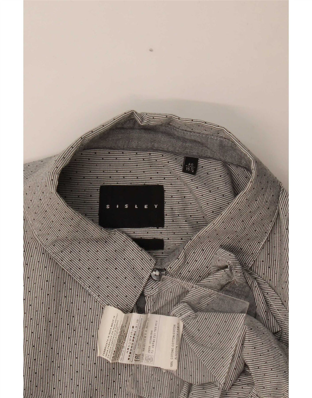 Camisa masculina Sisley tamanho 40 15 3/4 algodão listrado cinza médio