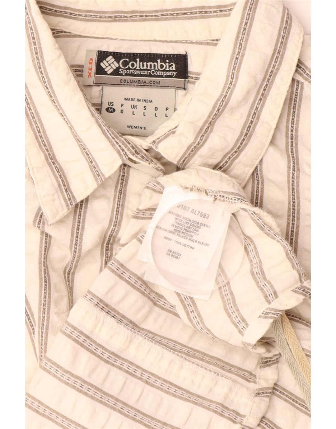 COLUMBIA Camisa feminina de manga curta UK 14 grande algodão listrado branco
