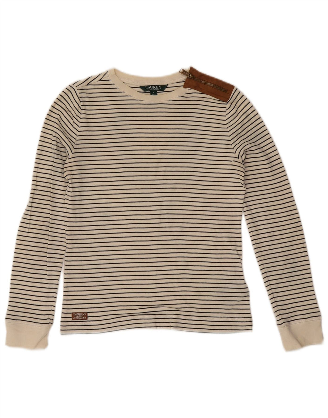 Top feminino RALPH LAUREN manga comprida Reino Unido 10 pequeno algodão listrado branco