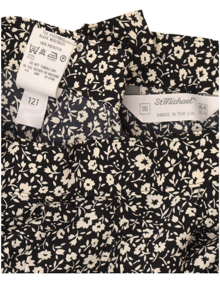 Saia feminina St Michael A-Line UK 16 grande W30 poliéster floral preto
