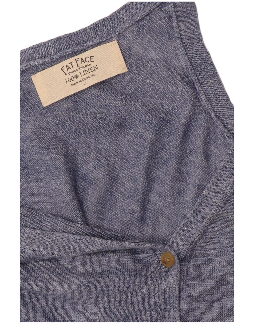 Suéter cardigã feminino sem mangas FAT FACE Reino Unido 10 linho azul pequeno