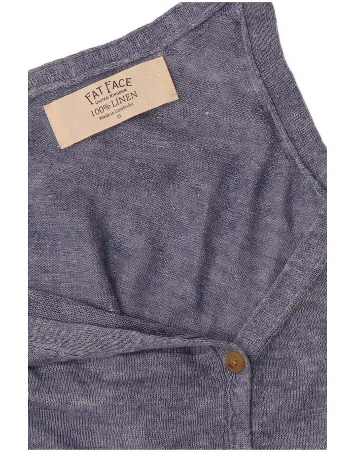 Suéter cardigã feminino sem mangas FAT FACE Reino Unido 10 linho azul pequeno