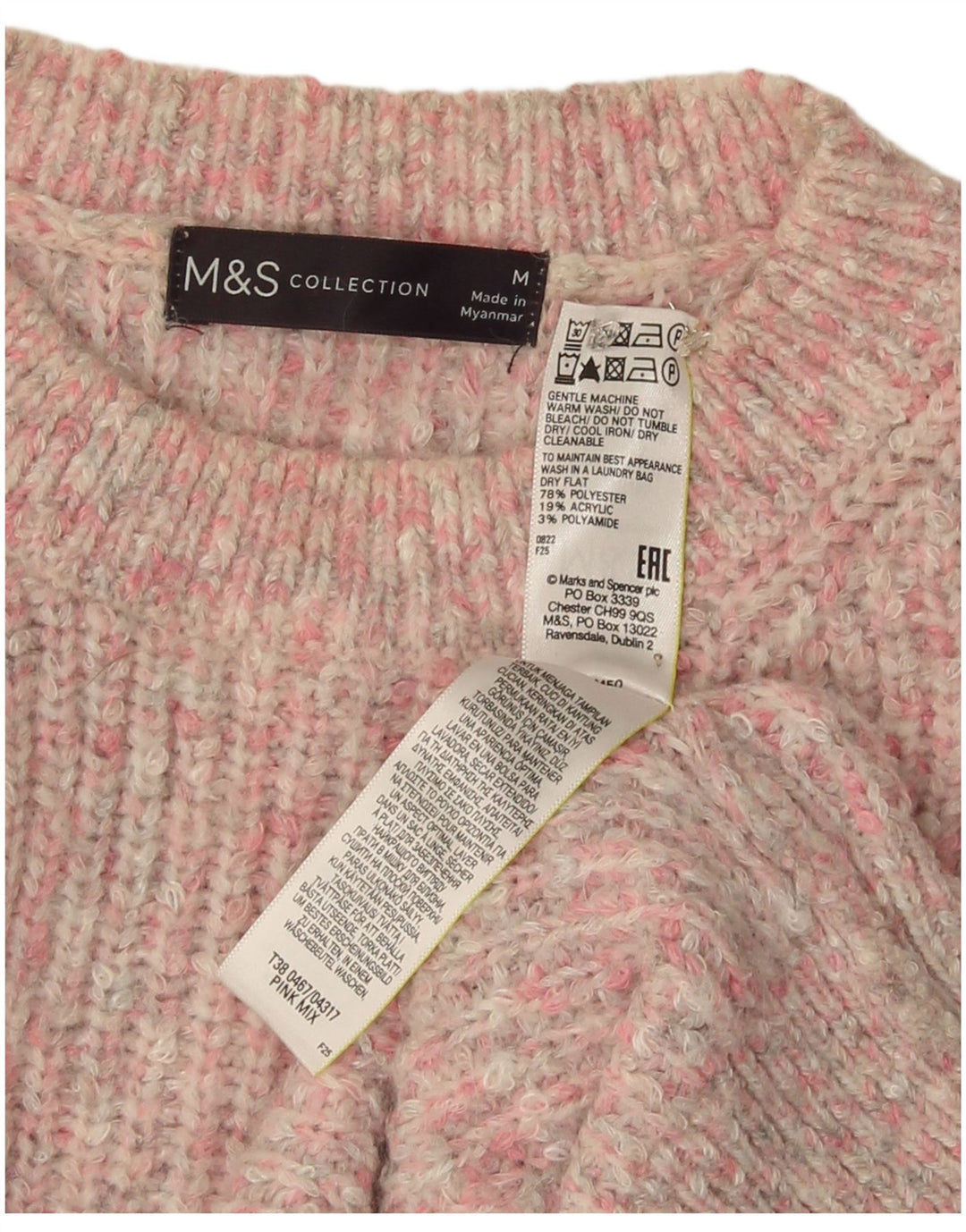 Suéter feminino Marks & Spencer com gola redonda Reino Unido 14 médio rosa manchado