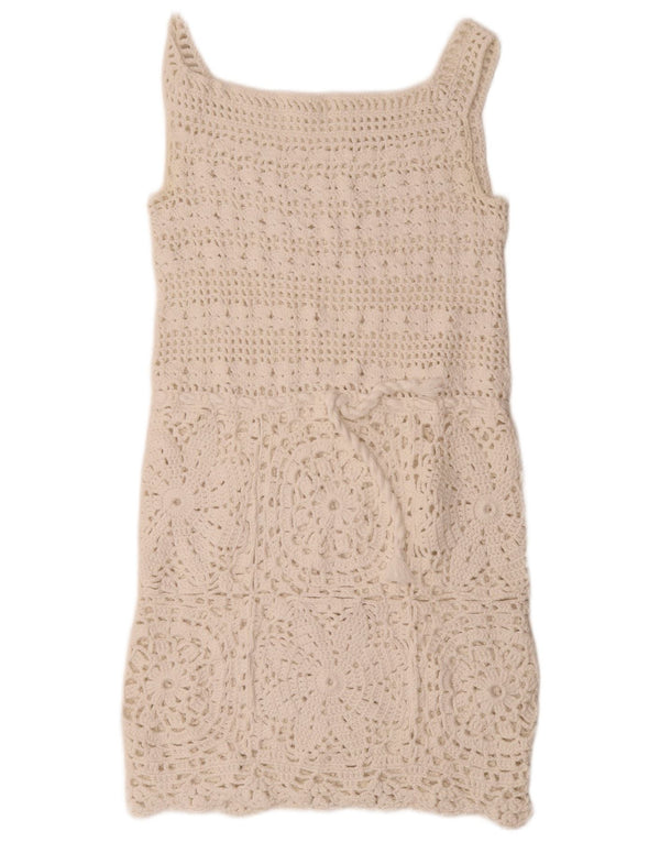 Vestido feminino vintage sem mangas em crochê UK 8 pequeno off white