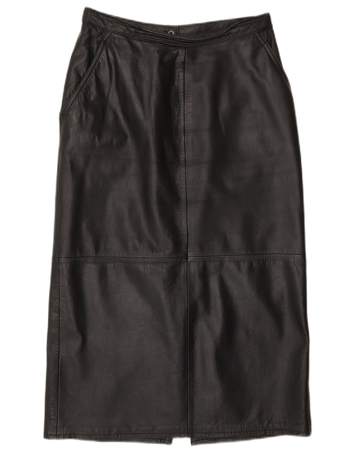 Saia feminina de couro VINTAGE Reino Unido 10 pequena W26 couro preto