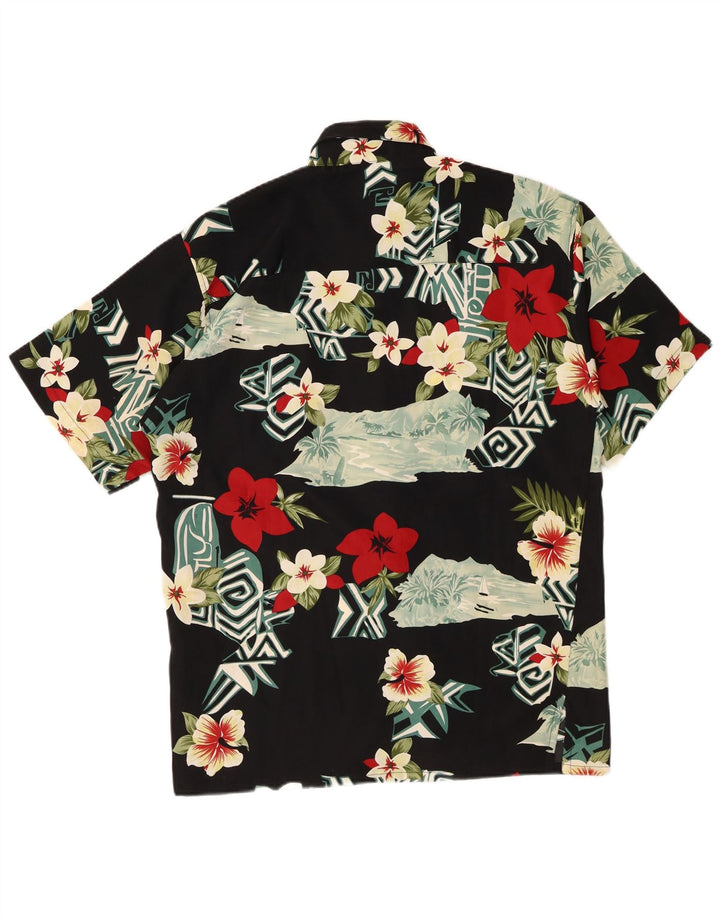 Camisa masculina vintage de manga curta pequena preta floral poliéster havaiana