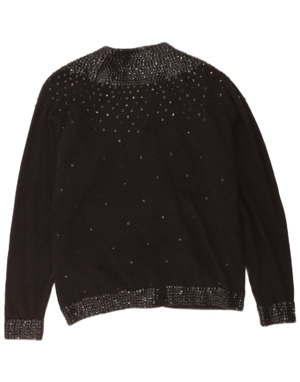 Suéter cardigã feminino vintage EU 48 2XL lã de cordeiro manchada preta