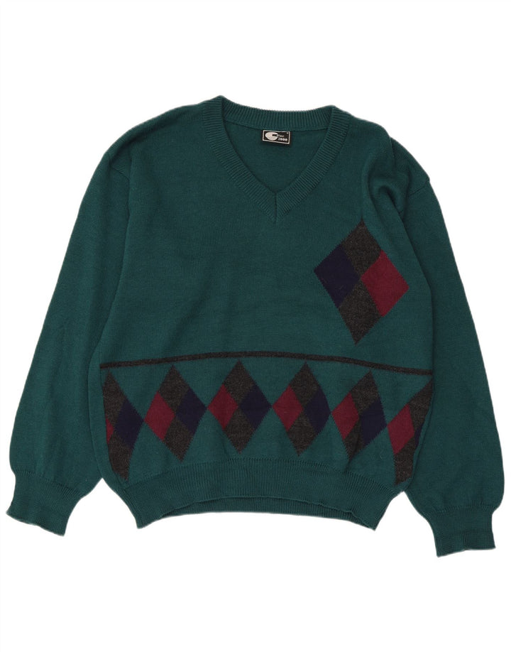 Suéter feminino vintage com decote em V IT 50 XL verde Argyle/lã diamante