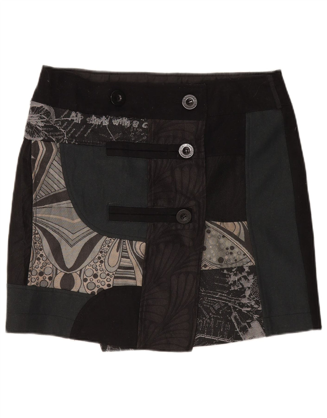 Mini saia feminina Desigual Wrap EU 44 XL W35 preta patchwork lã