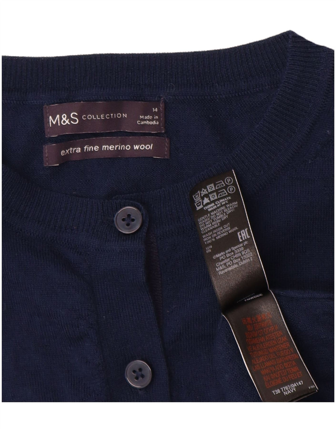 Suéter cardigã feminino Marks & Spencer UK 14 lã merino azul marinho médio