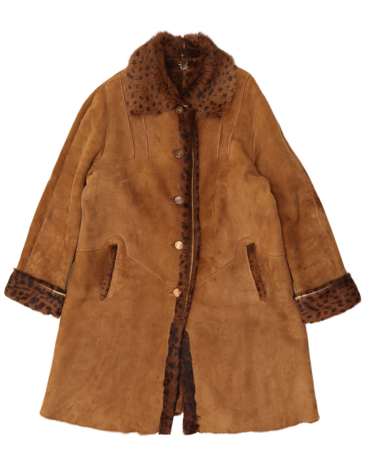 Casaco feminino vintage grande de shearling Reino Unido 14 marrom médio com estampa animal
