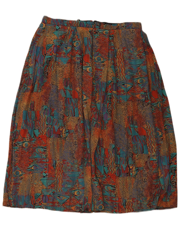 Saia feminina vintage evasê UK 8 pequena W34 viscose geométrica multicolorida
