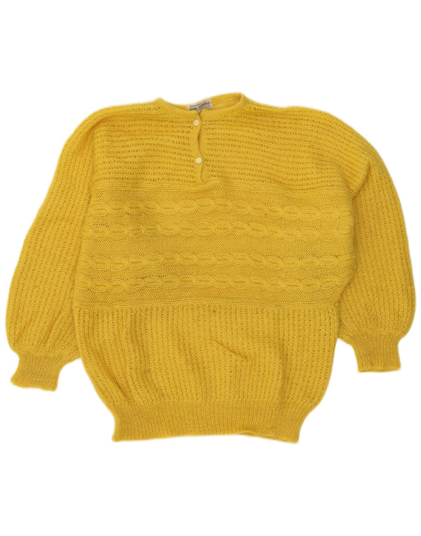Suéter feminino vintage com gola redonda e botão UK 18 XL amarelo