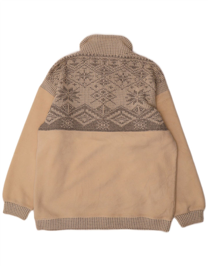 Jumper de lã masculino vintage com zíper e pescoço grande poliéster Fair Isle bege