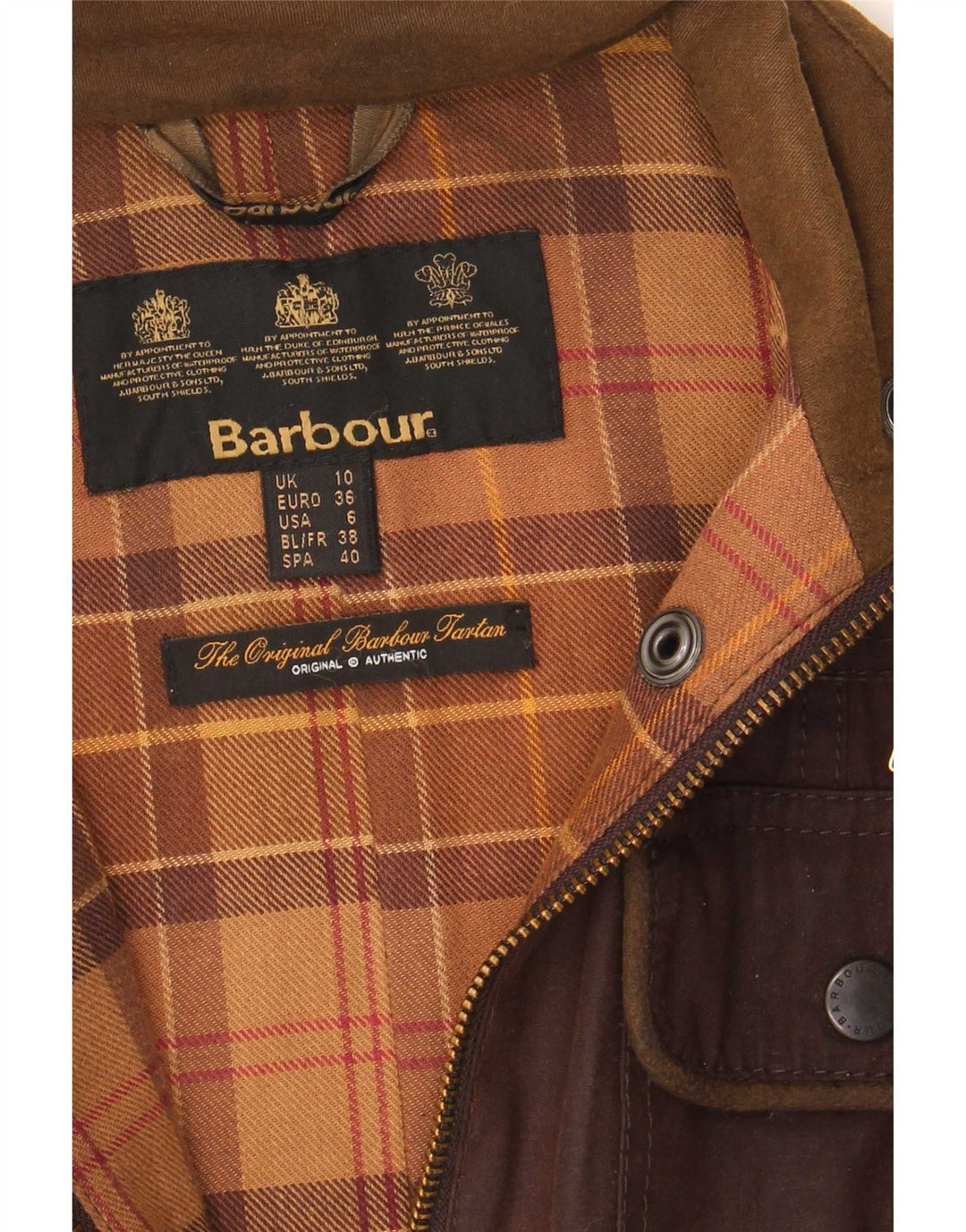 Jaqueta feminina de algodão encerado Barbour UK 10 pequena marrom