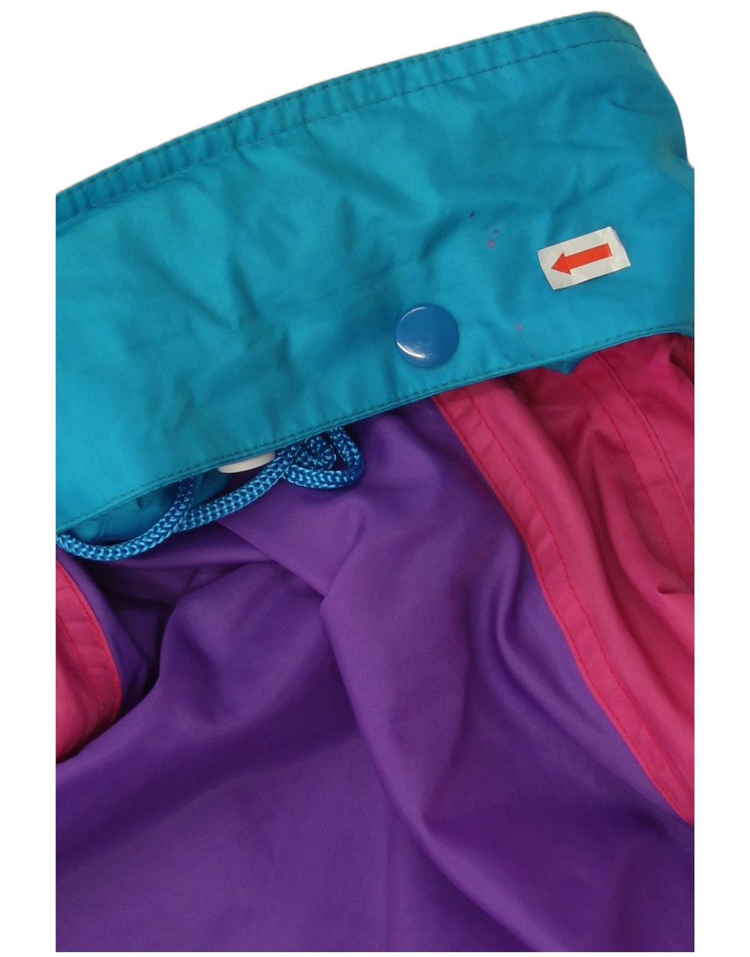 Jaqueta de chuva feminina vintage com capuz grande tamanho UK 14 bloco colorido azul médio