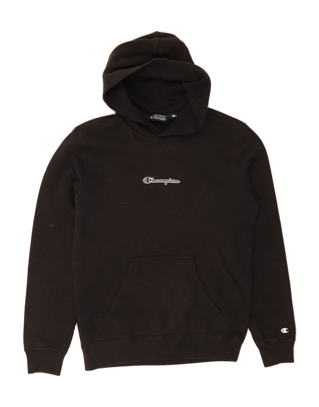 CHAMPION Mens Graphic Hoodie Jumper Small Black Cotton Vintage Champion and Second-Hand Champion from Messina Hembry 