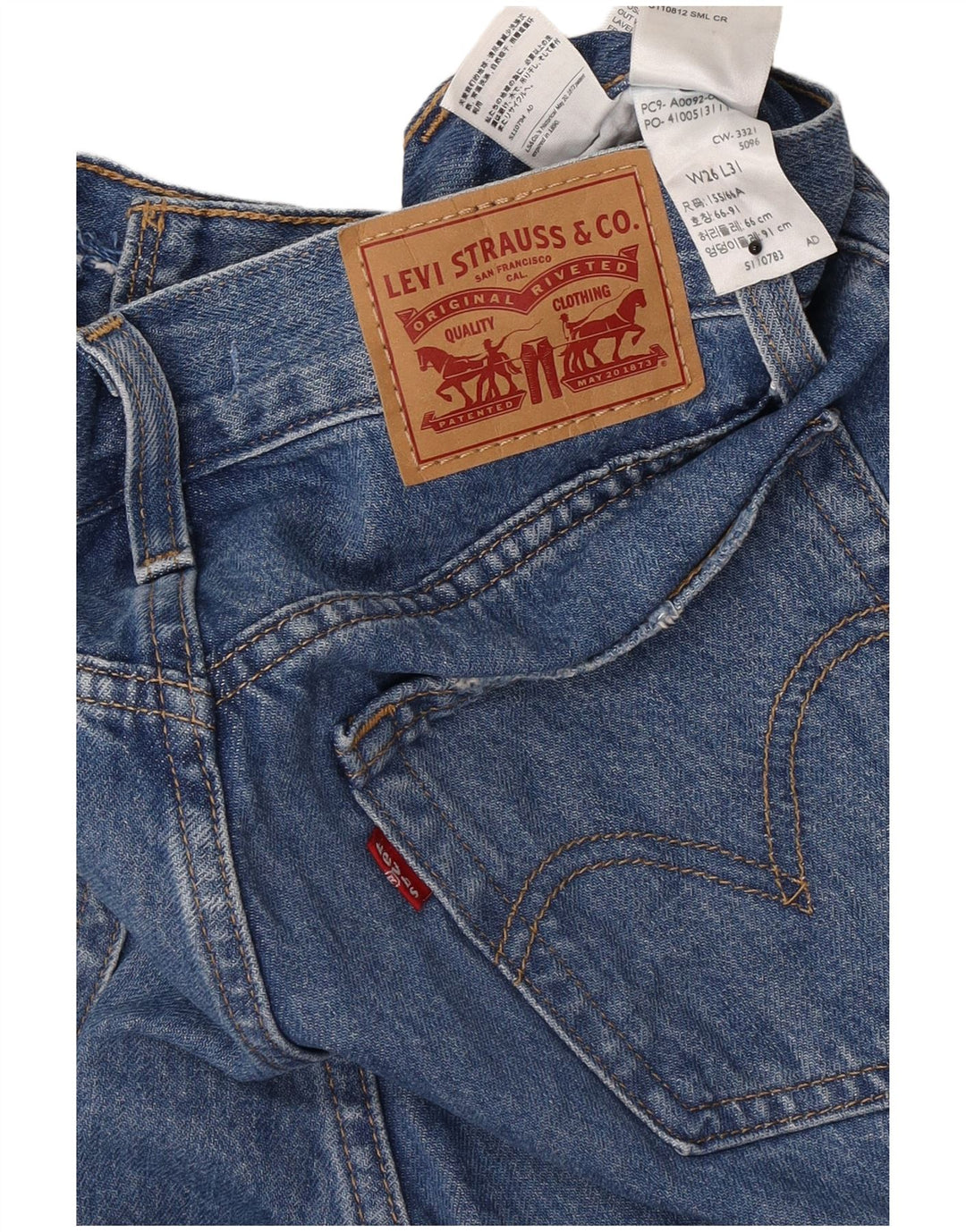 Calça jeans reta feminina Levi's com cintura alta desgastada W26 L31 algodão azul
