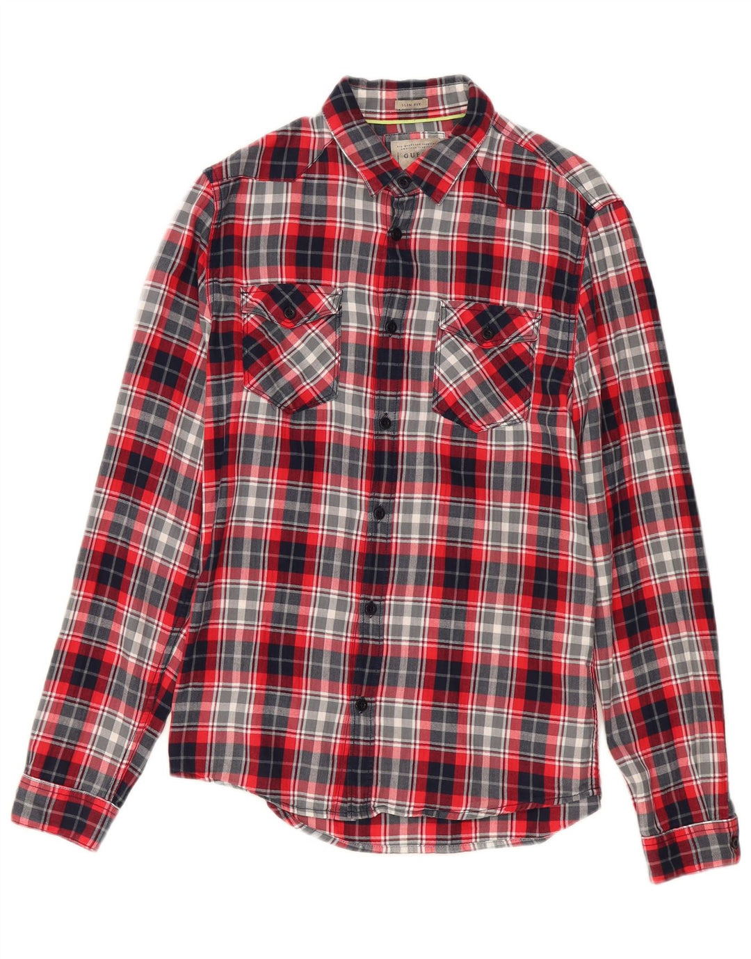 Guess Camisa masculina de flanela slim fit pequena xadrez vermelha de algodão