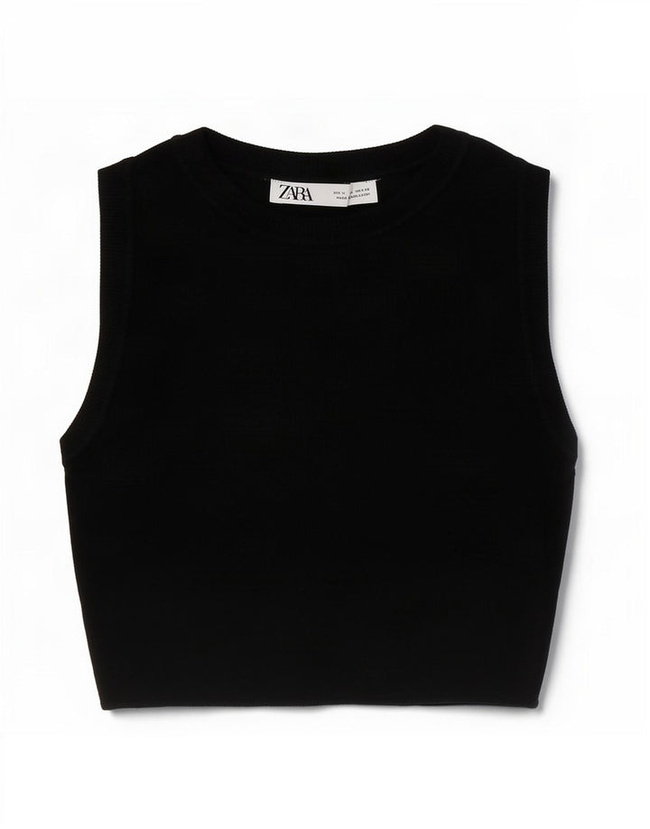 Zara Womens Crop Vest Top UK 12 Medium Black Viscose