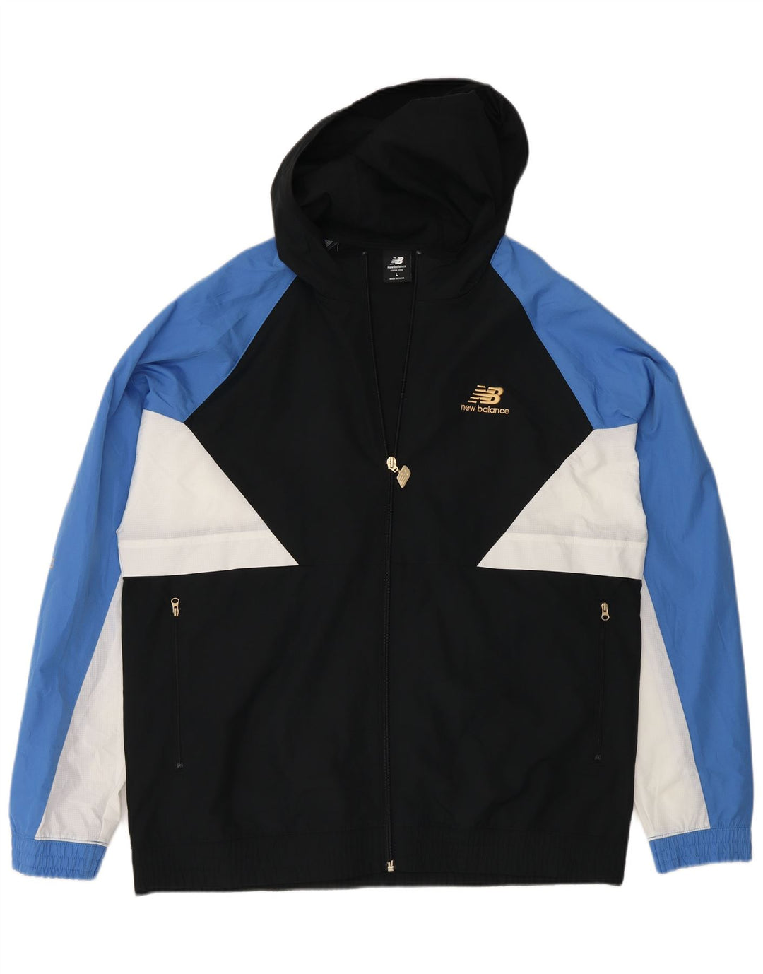 Jaqueta masculina New Balance com agasalho gráfico grande bloco colorido preto