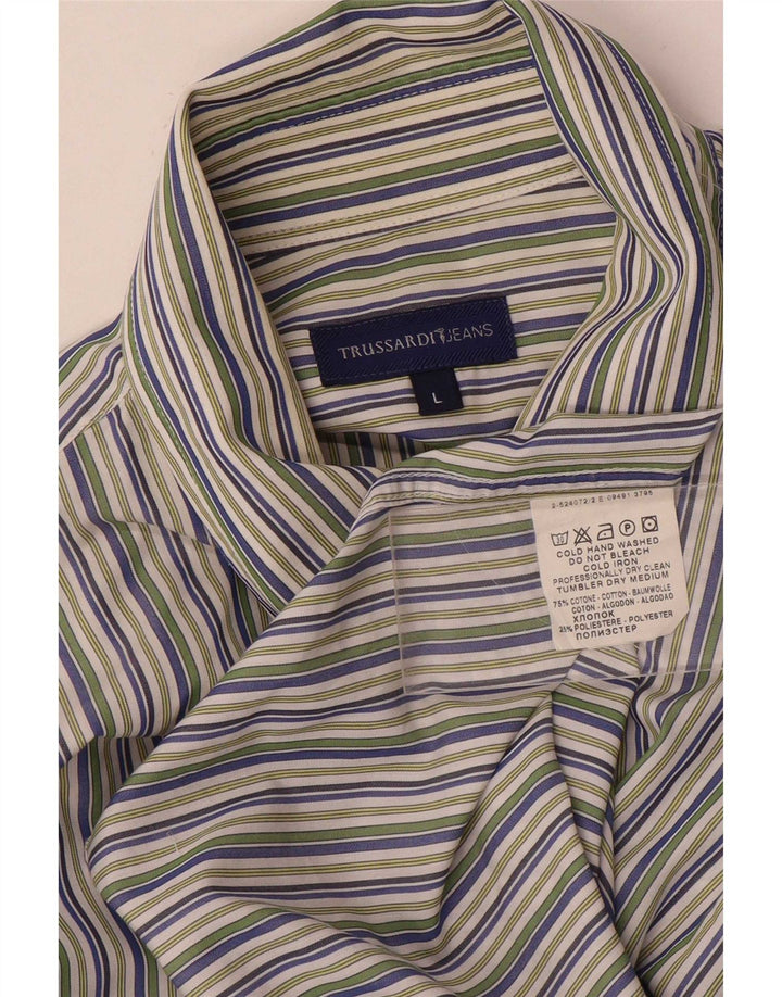 Trussardi Jeans Camisa masculina grande listrada multicolorida de algodão